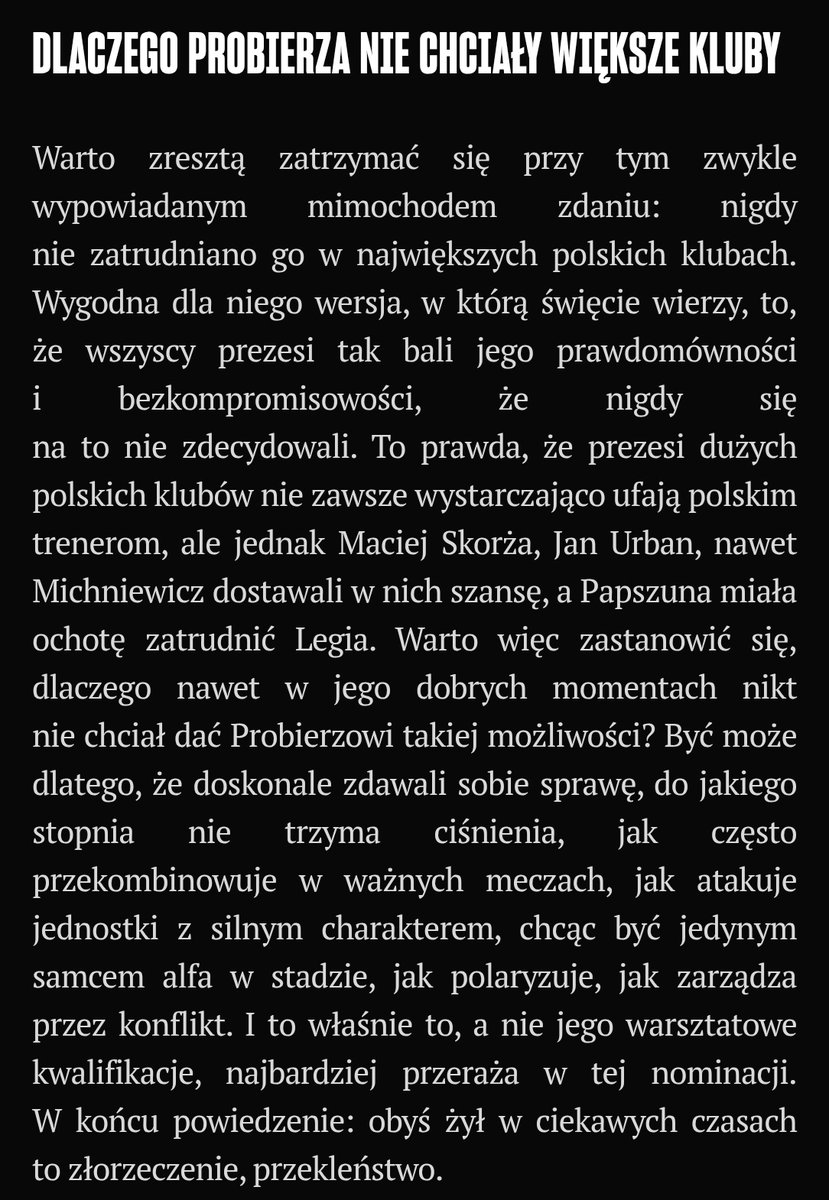 Bardzo cenię pióro <a href="/MichalTrelaBlog/">Michał Trela</a>, więc wracam dziś do jego tekstu z września 2023 roku, który zapadł mi w pamięć. Tak pisał o doświadczeniach Michała Probierza z pracy w klubach.