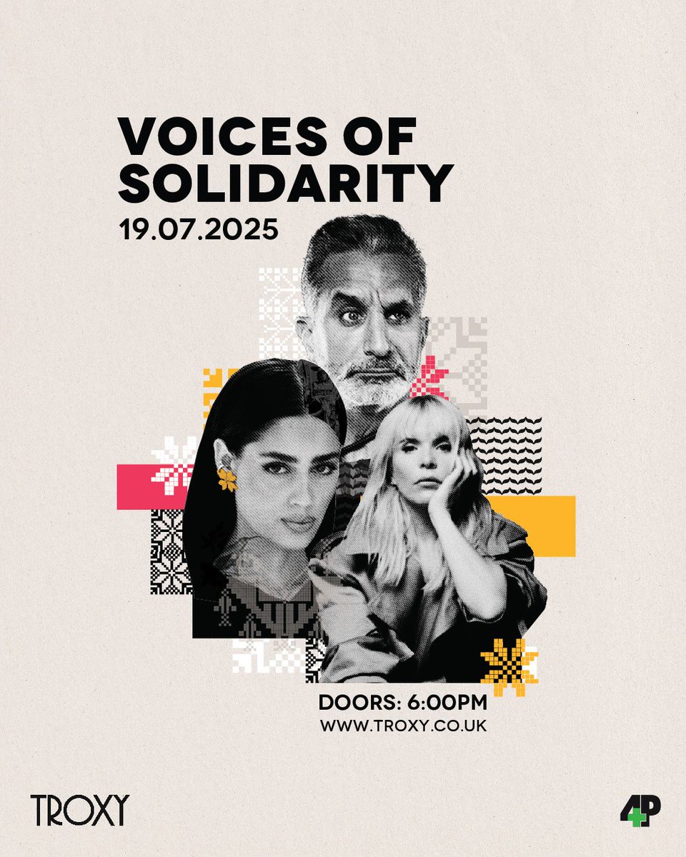 VOICES OF SOLIDARITY
A night of music, comedy and spoken word — in honour and support of Palestinian health workers.

🗓 Date: Saturday 19 July 2025
🕕 Doors Open: 6:00pm
📍 Venue: Troxy, 490 Commercial Rd, London E1 0HX

troxy.co.uk/event/voices-o…
