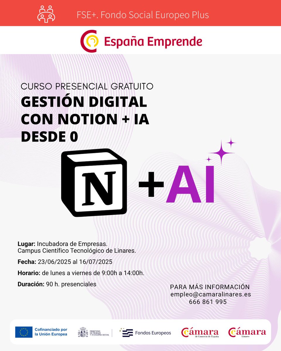 Curso Gratuito en Linares de Notion. ¿Notas, tareas, ideas, calendario… todo por separado? Con #Notion lo tienes TODO en un solo lugar. 
📲 Pruébalo y descubre por qué todos hablan de él. 👇
camaralinares.es/index.php/2025…

#Productividad #Organización #NoCode #HerramientasDigitales