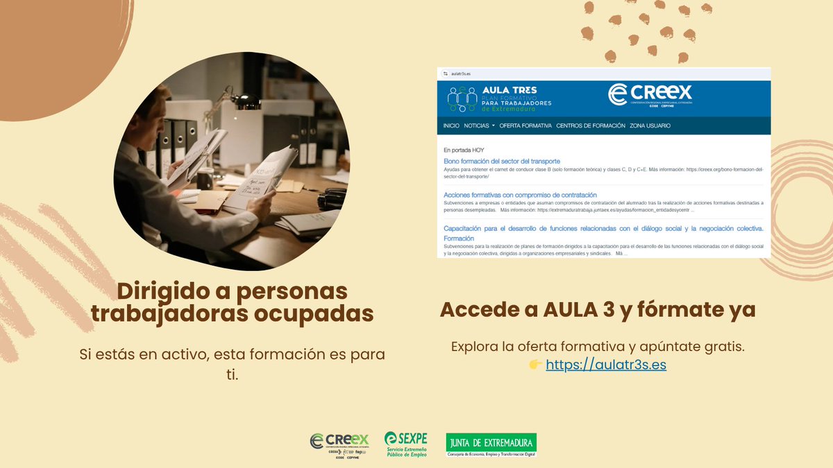⭐¡DISPONIBLE LA OFERTA FORMATIVA DESTINADA A PERSONAS TRABAJADORAS OCUPADAS!⭐
👩‍🏫 + 200 cursos de diversas familias profesionales
💻 Modalidad online y presencial
📚 Consulta en AULA3 (aulatr3s.es) los nuevos cursos.
#aula3 #creex #redcreex #coeba #Juntadeextremadura