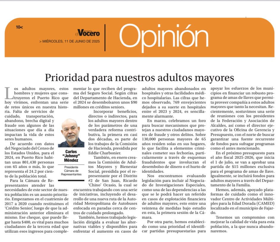 Johnny Méndez (@johnnymndez36) on Twitter photo Comparto mi columna de opinión titulada: Prioridad para nuestros adultos mayores
<a href="/VoceroPR/">El Vocero de Puerto Rico</a> Comparto mi columna de opinión titulada: Prioridad para nuestros adultos mayores
<a href="/VoceroPR/">El Vocero de Puerto Rico</a>