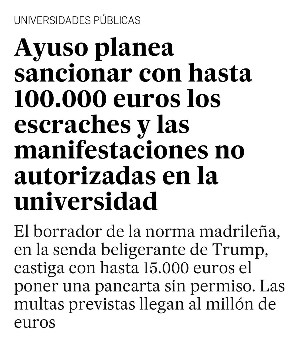 La batalla contra la universidad y el conocimiento, el último ademán trumpista de la señora Ayuso.

Ya existe una Ley de convivencia, hay una normativa universitaria al respecto.

Cualquier incorporación al régimen sancionador debe garantizar los derechos de asociación, huelga y