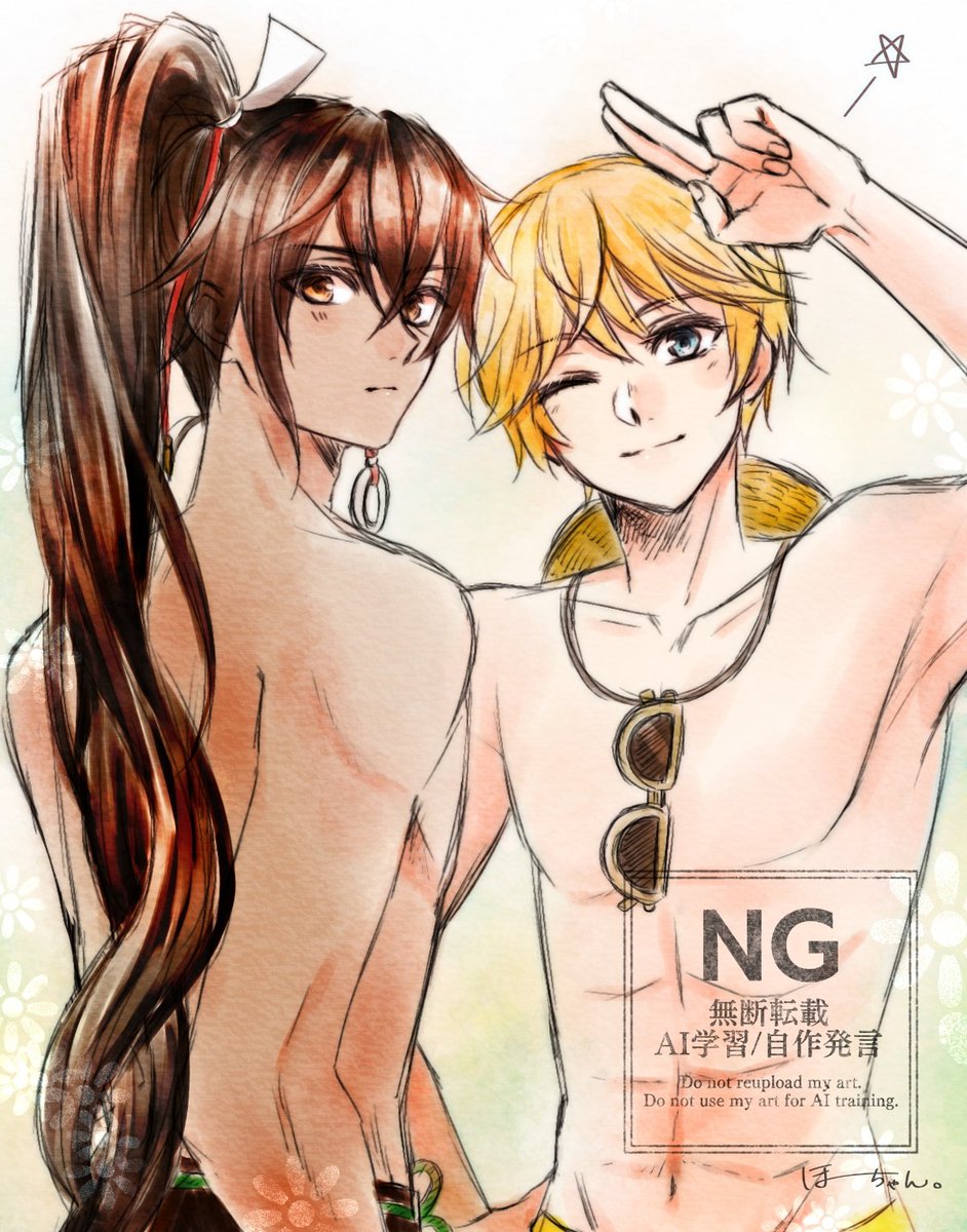 kanikuri6's tweet image. お題「水着」
スバルくん＆マウロくんで失礼します〜🙌🙌
男性キャラの身体描くの難しい…(・・;)
#龍ファク1d1w