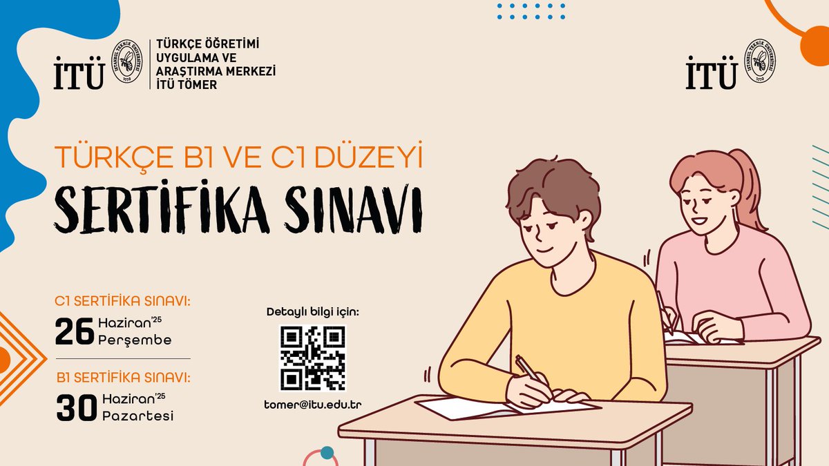 İTÜ TÖMER, Türkçe B1 ve C1 düzeyi sertifika sınavları düzenliyor! 📢🐝📝 <a href="/ItuTomer/">İTÜ TÖMER</a> 

C1 Sertifika Sınavı ➡️ 26 Haziran 2025

B1 Sertifika Sınavı ➡️ 30 Haziran 2025

Detaylı bilgi için 👉 tomer.itu.edu.tr

ITU TÖMER is organizing Turkish B1 and C1 level certificate exams!