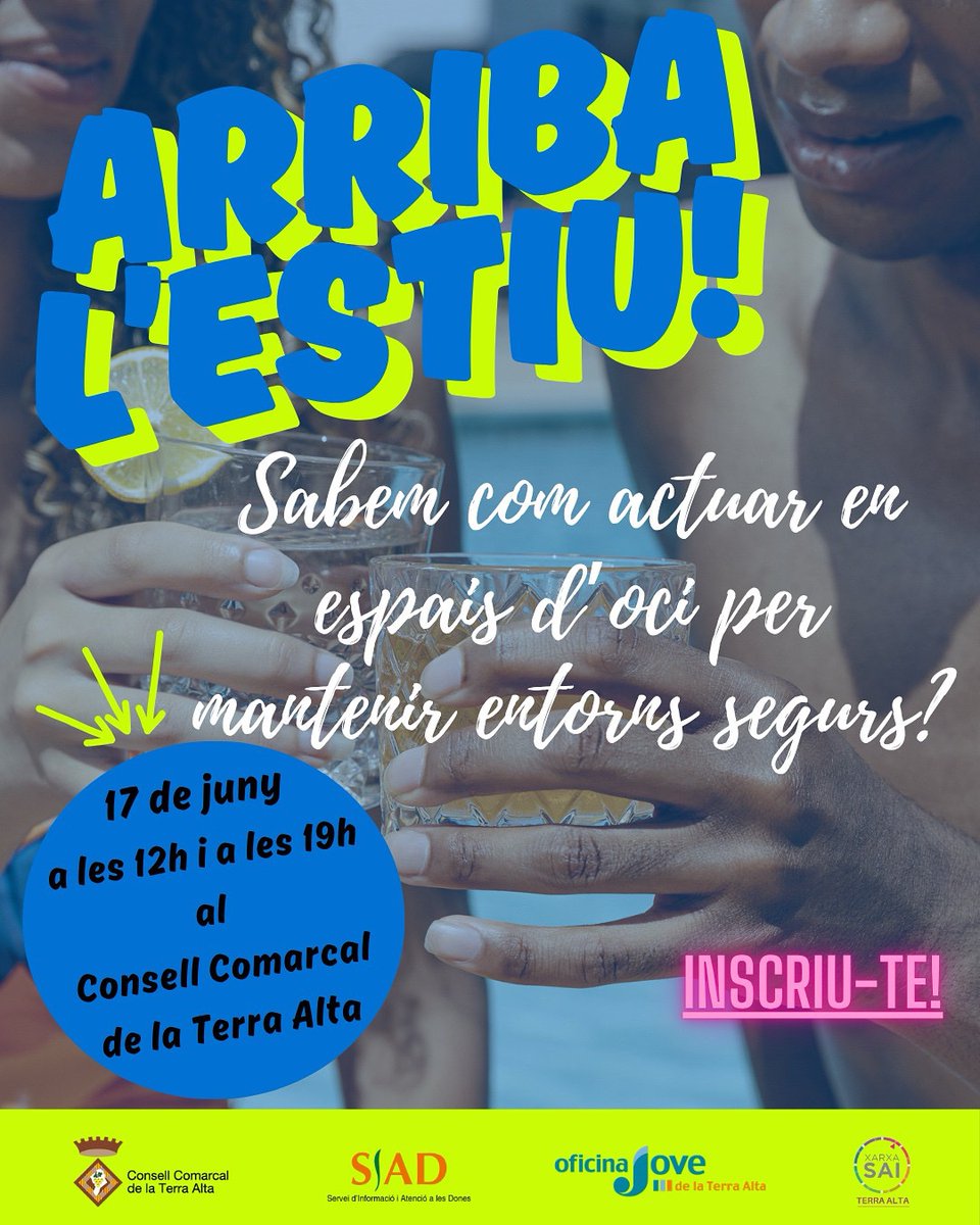 Xerrada: Sabem com actuar en espais d’oci?

El pròxim dimarts, 17 de juny, es portaran a terme dues sessions informatives (a les 12 i a les 19 hores), a la seu del Consell Comarcal de la Terra Alta i t’ho explicarem tot!

Més informació i inscripcions:
🔗 joveterraalta.org