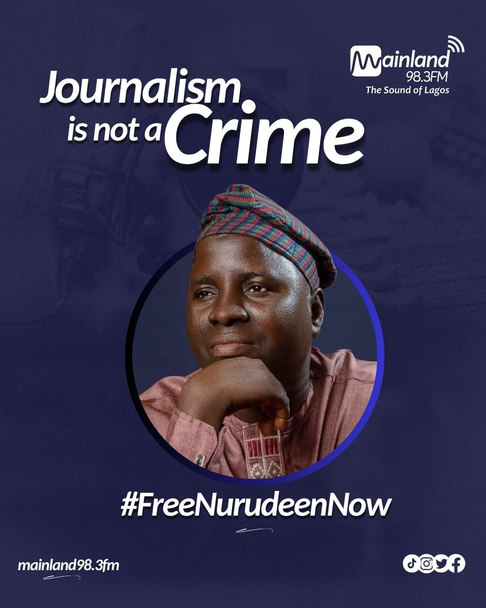 Mainland98.3fm (@mainlandfm) on Twitter photo FREE NURUDEEN NOW!!!
We have just confirmed that our brave colleague, Nurudeen Adegbenro, has been arrested and detained by the <a href="/PoliceNG/">Nigeria Police Force</a> on the allegations of cyberbullying. <a href="/YeleSowore/">Omoyele Sowore</a> <a href="/jidesanwoolu/">Babajide Sanwo-Olu</a> <a href="/Princemoye1/">Prince Olumuyiwa Adejobi</a> <a href="/BenHundeyin/">CSP Benjamin Hundeyin</a> <a href="/BBC/">BBC</a> <a href="/FCT_PoliceNG/">FCT POLICE COMMAND</a> FREE NURUDEEN NOW!!!
We have just confirmed that our brave colleague, Nurudeen Adegbenro, has been arrested and detained by the <a href="/PoliceNG/">Nigeria Police Force</a> on the allegations of cyberbullying. <a href="/YeleSowore/">Omoyele Sowore</a> <a href="/jidesanwoolu/">Babajide Sanwo-Olu</a> <a href="/Princemoye1/">Prince Olumuyiwa Adejobi</a> <a href="/BenHundeyin/">CSP Benjamin Hundeyin</a> <a href="/BBC/">BBC</a> <a href="/FCT_PoliceNG/">FCT POLICE COMMAND</a>