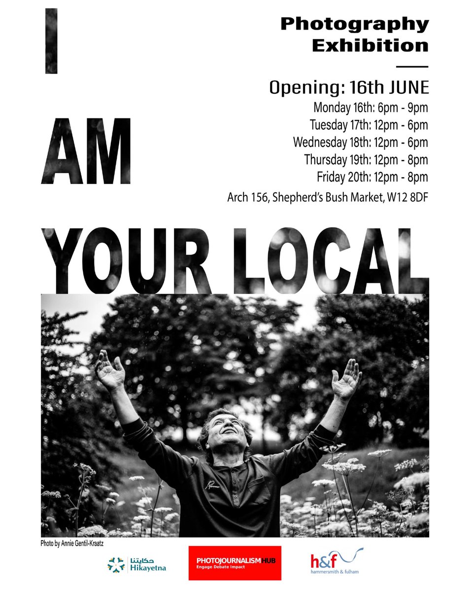 Hikayetna- Our Story (@storiesforhopes) on Twitter photo I Am Your Local…a photography exhibition for #RefugeeWeek2025 featuring powerful work by refugee & migrant photographers in collaboration with <a href="/PJ_Hub/">Photojournalism Hub</a>
Opens 16 June | 6–9pm at 156 Shepherd’s Bush Market W12 8DF
Register:eventbrite.co.uk/e/i-am-your-lo…
Supported by <a href="/LBHF/">H&F Council</a> I Am Your Local…a photography exhibition for #RefugeeWeek2025 featuring powerful work by refugee & migrant photographers in collaboration with <a href="/PJ_Hub/">Photojournalism Hub</a>
Opens 16 June | 6–9pm at 156 Shepherd’s Bush Market W12 8DF
Register:eventbrite.co.uk/e/i-am-your-lo…
Supported by <a href="/LBHF/">H&F Council</a>