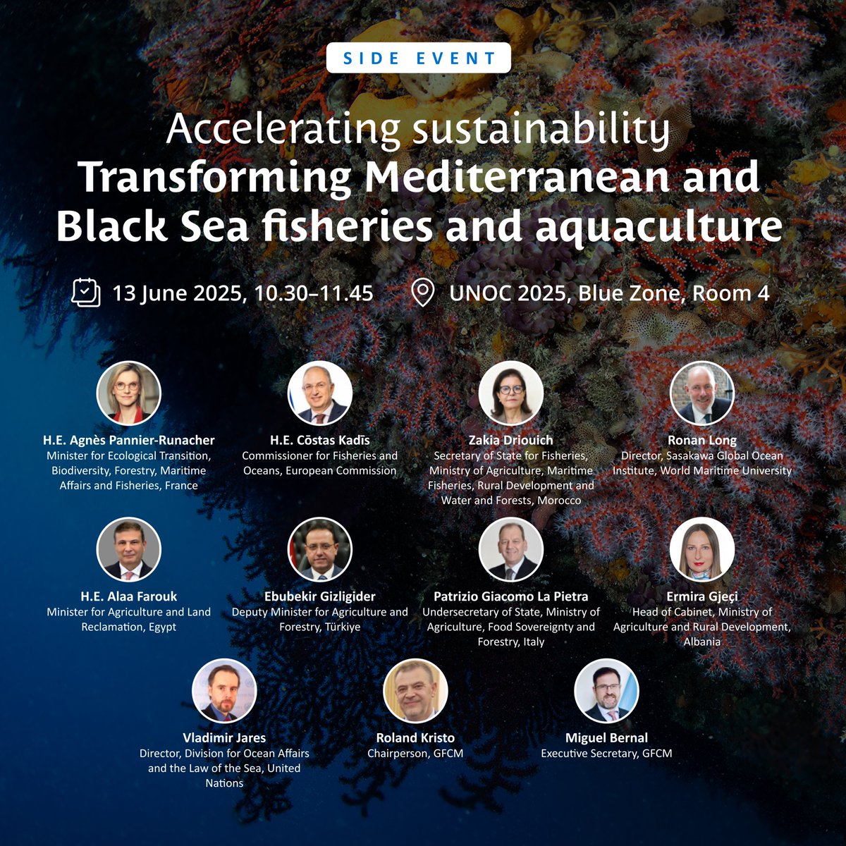 📢Join the <a href="/UN_FAO_GFCM/">General Fisheries Commission for the Mediterranean</a> live at #UNOC3, to:

📌Address the challenges of rising blue food demand, climate change &amp; biodiversity conservation
📌Ensure that fisheries &amp; aquaculture remain key pillars of sustainable livelihoods

🔗webtv.un.org/en/asset/k1z/k…

#2Seas1Vision #SaveOurOcean