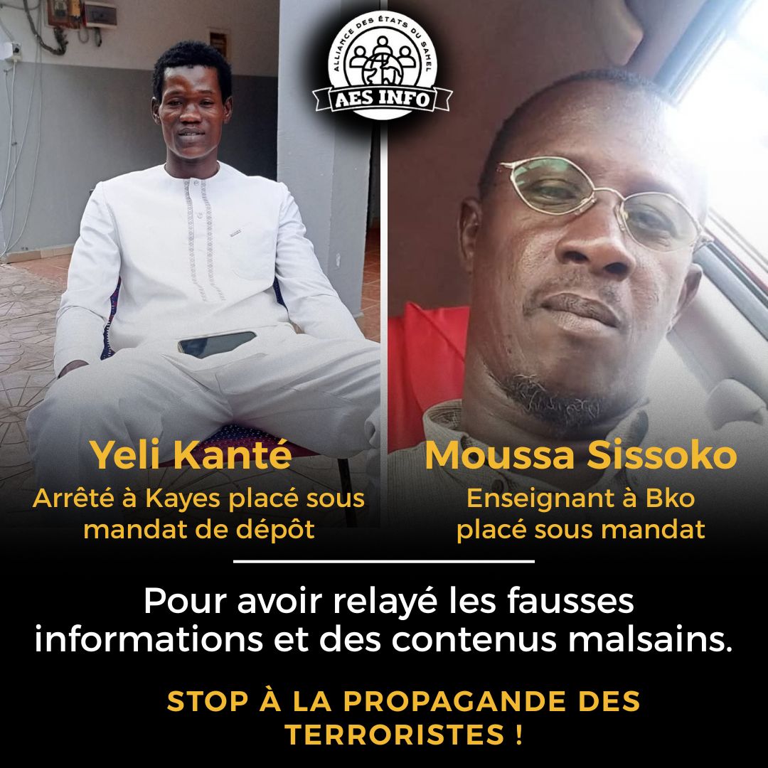 #AESinfo | #Mali 🇲🇱 
Soyez vigilants, la cybercriminalité ne dort jamais : l'arrestation de Yeli Kanté et Moussa Sissoko en est la preuve !

La lutte contre la propagande terroriste s'intensifie. Dans la continuité de nos avertissements concernant les "traîtres numériques", deux