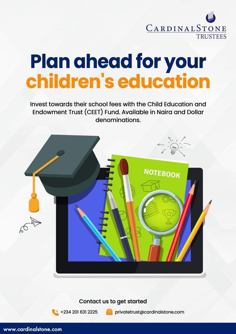 You’ve planned their birthdays, playdates, and holiday trips…

Now it’s time to plan for their school fees, the smart way.

With CardinalStone’s Child Education and Endowment Trust (CEET) Fund, you can secure your child’s future and enjoy true peace of mind.

Get started today.