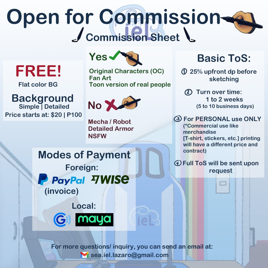 Aniel 🖌OPEN for COMMISSION✏️ (@sea_iel_l_bsky) on Twitter photo OPEN for COMMISSION! ✍️
I really need help with additional funds to pay my bills at the moment while I'm project/ job hunting 🥹.
Likes & Rt is much appreciated, too! 🥹✨️
📧 : sea.iel.lazaro@gmail.com
Ko-Fi link: ko-fi.com/sea_iel/commis…
Carrd link: sea-iel-s-portal.carrd.co OPEN for COMMISSION! ✍️
I really need help with additional funds to pay my bills at the moment while I'm project/ job hunting 🥹.
Likes & Rt is much appreciated, too! 🥹✨️
📧 : sea.iel.lazaro@gmail.com
Ko-Fi link: ko-fi.com/sea_iel/commis…
Carrd link: sea-iel-s-portal.carrd.co