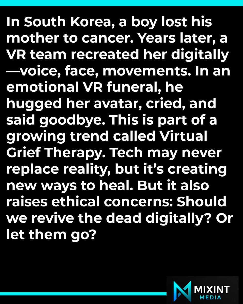 MixintMedia's tweet photo. 🧠💔 When tech meets emotions…
A boy hugged his dead mother—through a headset.
It sounds wild, but it's real.
This is the future of therapy, healing, and maybe memory itself.
But should we go this far?
#TechWithSoul #FutureTherapy #DigitalEmotions #VirtualReality #MixintMedia https://t.co/oTOKtdjfcA