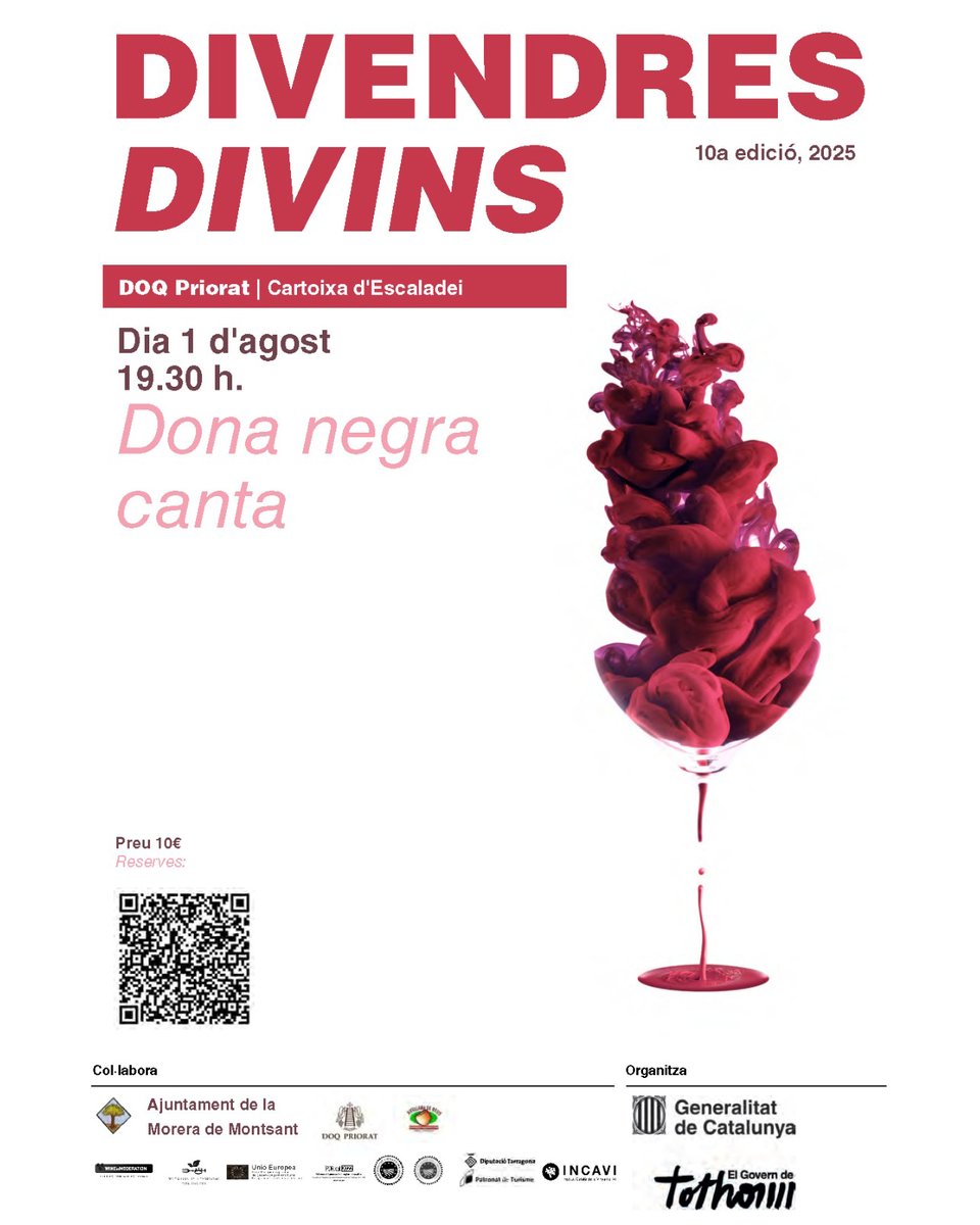 DOQ Priorat (@doqpriorat) on Twitter photo 🍇 Divendres 1 d'agost celebrarem Divendres Divins a la Cartoixa d'Escaladei amb Dona negra canta. 
ℹ️ Les entrades per assistir al concert tenen un preu de 10€ i la reserva de places és imprescindible a través del següent correu electrònic: info@doqpriorat.org. 🍇 Divendres 1 d'agost celebrarem Divendres Divins a la Cartoixa d'Escaladei amb Dona negra canta. 
ℹ️ Les entrades per assistir al concert tenen un preu de 10€ i la reserva de places és imprescindible a través del següent correu electrònic: info@doqpriorat.org.