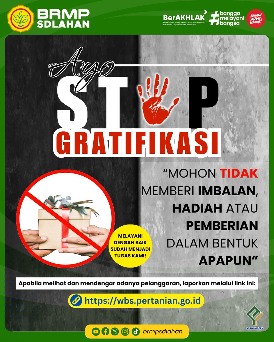brmpsdlahan's tweet image. BRMP SDLP berkomitmen untuk menolak gratifikasi dalam bentuk apapun dalam rangka menjaga integritas.

Apabila melihat dan mendengar adanya pelanggaran, laporkan melalui link berikut: wbs.pertanian.go.id

#kementerianpertanian #brmpkementan #brmpsdlahan #tolakgratifikasi