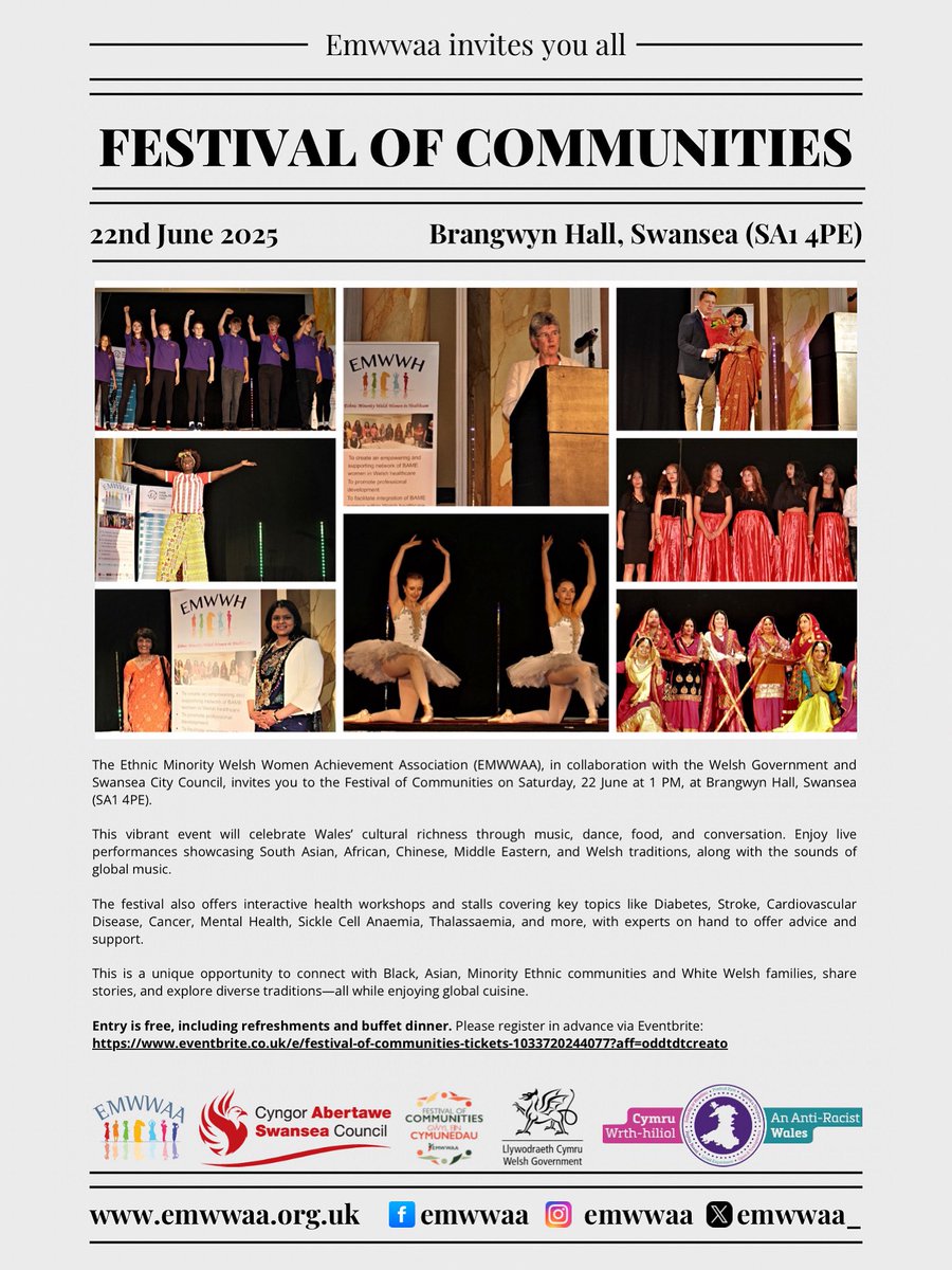 Join us for the Festival of Communities on 22 June at Brangwyn Hall, Swansea!
Celebrate culture, diversity, music, health &amp; global cuisine – all in one powerful event!

Register now: 
eventbrite.co.uk/e/festival-of-…

#FestivalOfCommunities #DiversityInWales #EMWWAA #SwanseaEvents