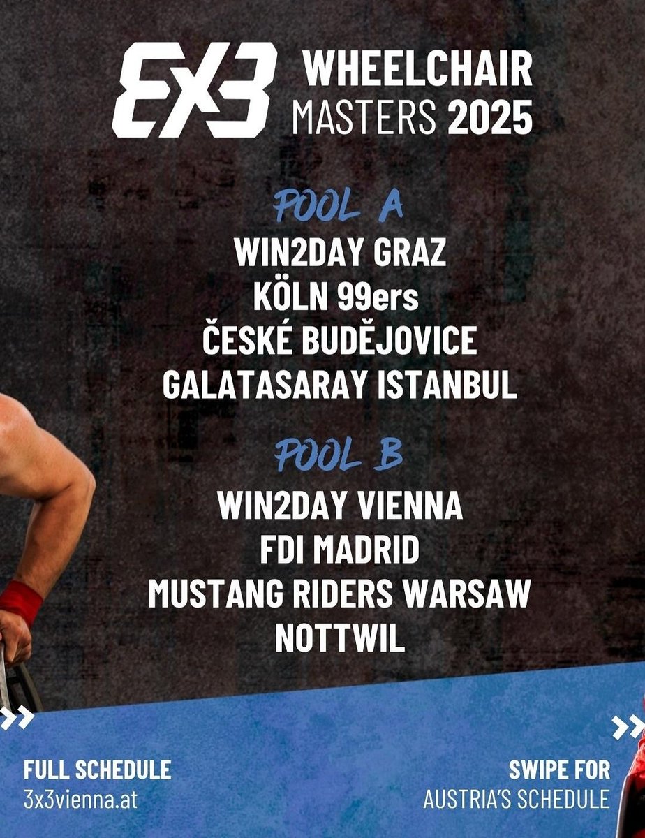 Wheelchair Masters 3x3 en Viena (Austria 🇦🇹) del 13 al 15 de junio

Estaremos muy pendiente de nuestro representante: FDI MADRID

Daniel Díaz entrenador

Luis Eduardo Jasso, Jhon Hernández, Amadou Diallo y Daniel Stix jugadores
🏀🏀🏀
#Wien3x3 #BSR #baloncesto