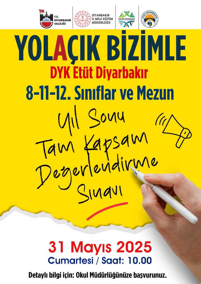 📢 DYK Etüt Diyarbakır Yıl Sonu Değerlendirme Sınavı sonuçları açıklanmıştır. Detaylı bilgi için okul müdürlüklerine başvurabilirsiniz.
<a href="/tcmeb/">Millî Eğitim Bakanlığı</a> 
<a href="/vali_zorluoglu/">Murat Zorluoğlu</a> 
<a href="/Murat4Kucukali/">Murat Küçükali</a> 
<a href="/Diyarbakirmem/">Diyarbakır İl Millî Eğitim Müdürlüğü</a>