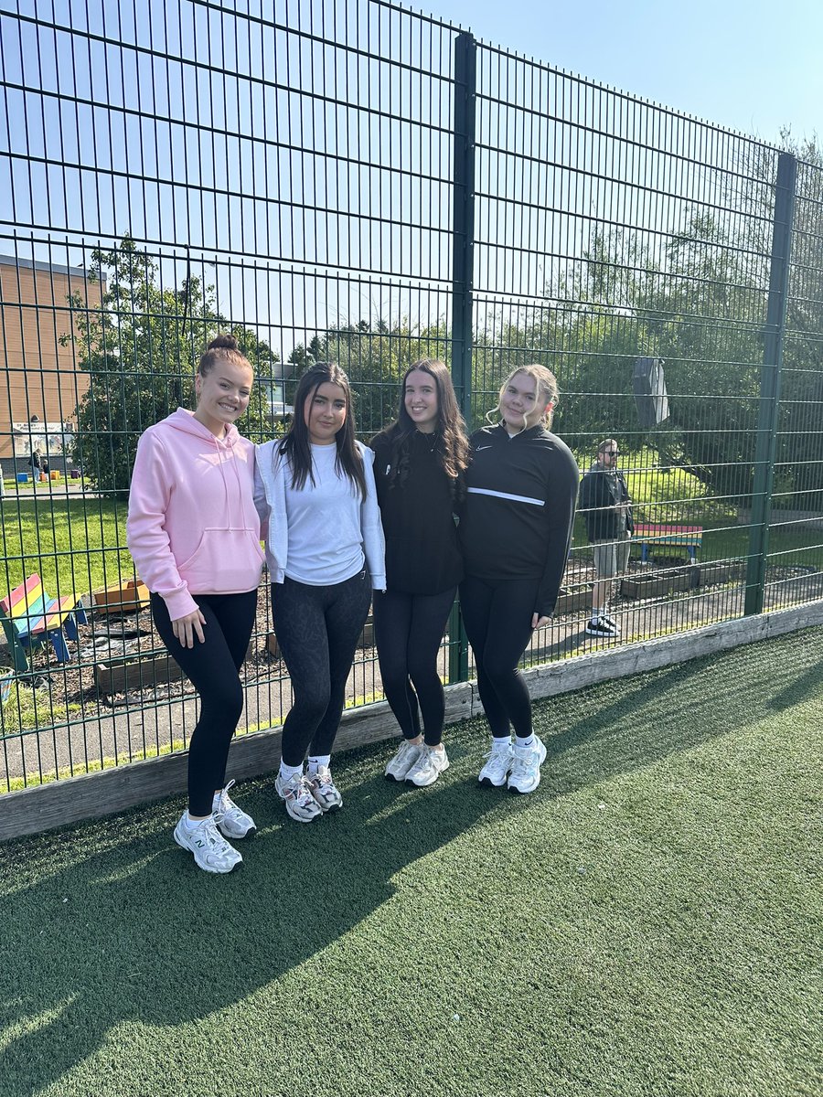 St Columba pupils Claudia, Sadhbh, Annie + Ellie helping out at St Bride’s Primary Sports Day today! ⚽️🎾🥅🏒