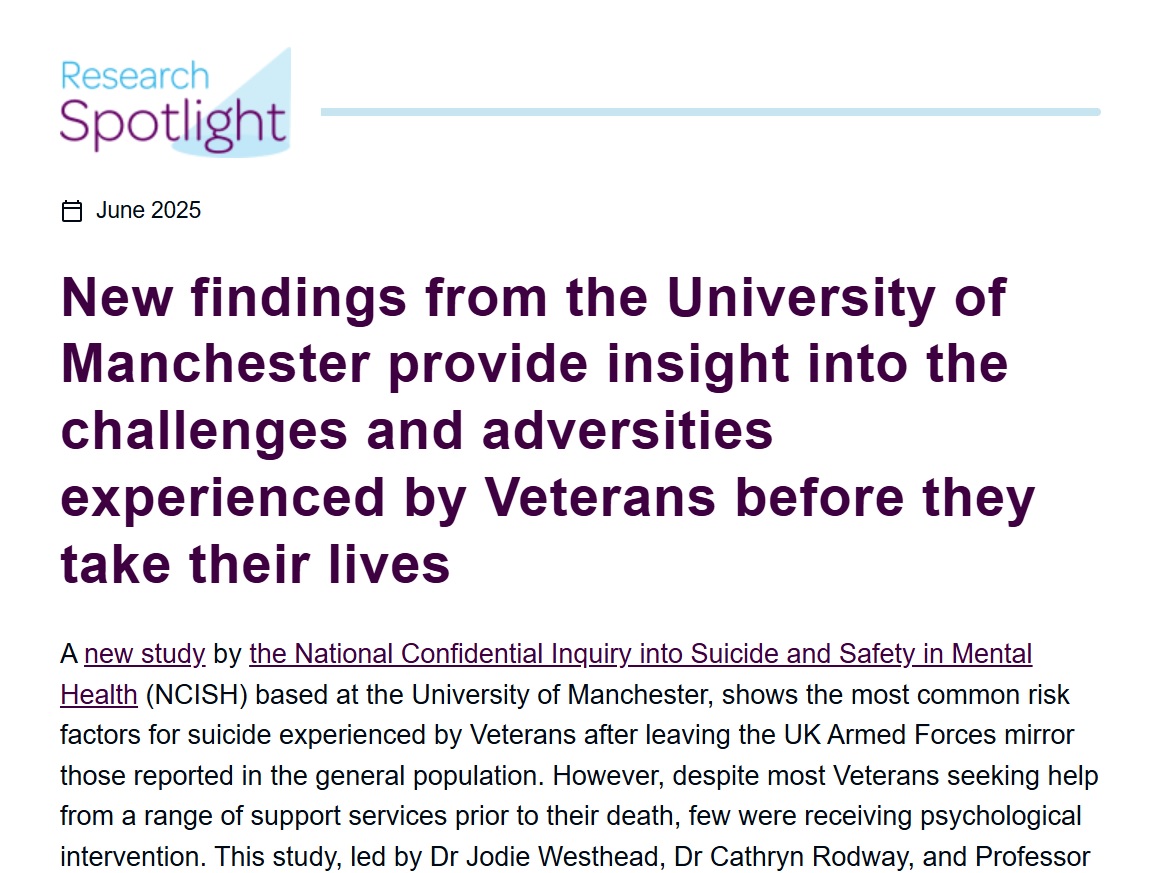 NCISH (@ncish_uk) on Twitter photo Read our <a href="/NCISH_UK/">NCISH</a> latest research spotlight article by <a href="/DrCathrynRodway/">Dr Cathryn Rodway</a> and Dr Jodie Westhead on new findings into the challenges and adversities experienced by Veterans in the armed forces before suicide <a href="/OfficialUoM/">The University of Manchester</a> <a href="/DefenceHQ/">Ministry of Defence 🇬🇧</a> #suicideprevention
centreforevidence.org/news/20250604-… Read our <a href="/NCISH_UK/">NCISH</a> latest research spotlight article by <a href="/DrCathrynRodway/">Dr Cathryn Rodway</a> and Dr Jodie Westhead on new findings into the challenges and adversities experienced by Veterans in the armed forces before suicide <a href="/OfficialUoM/">The University of Manchester</a> <a href="/DefenceHQ/">Ministry of Defence 🇬🇧</a> #suicideprevention
centreforevidence.org/news/20250604-…