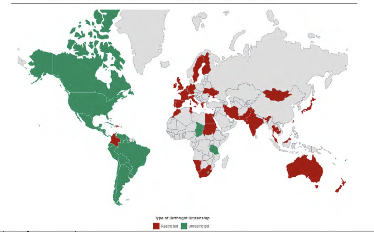 The settler colonialism to birthright citizenship dialectic. Early modern European conquest of the Americas relied on settler colonialism and green on the map is where we have unrestricted birthright citizenship.