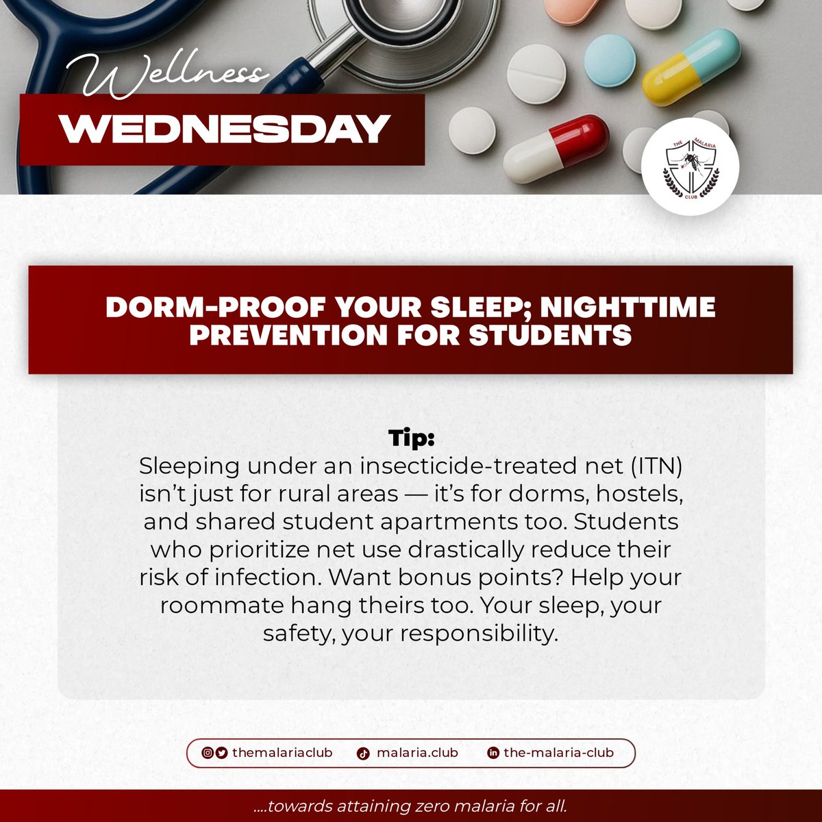 TheMalariaClub's tweet photo. Hey, student fam
Is your sleep malaria-proof? Dorm rooms are mosquito hotspots, but a treated net is still one of your strongest shields.
This week’s #WellnessWednesday is a gentle reminder: protect your peace and your health.
#YouthAgainstMalaria
#SleepSafe
#DormLifeTips https://t.co/ku2Qkyvw2o