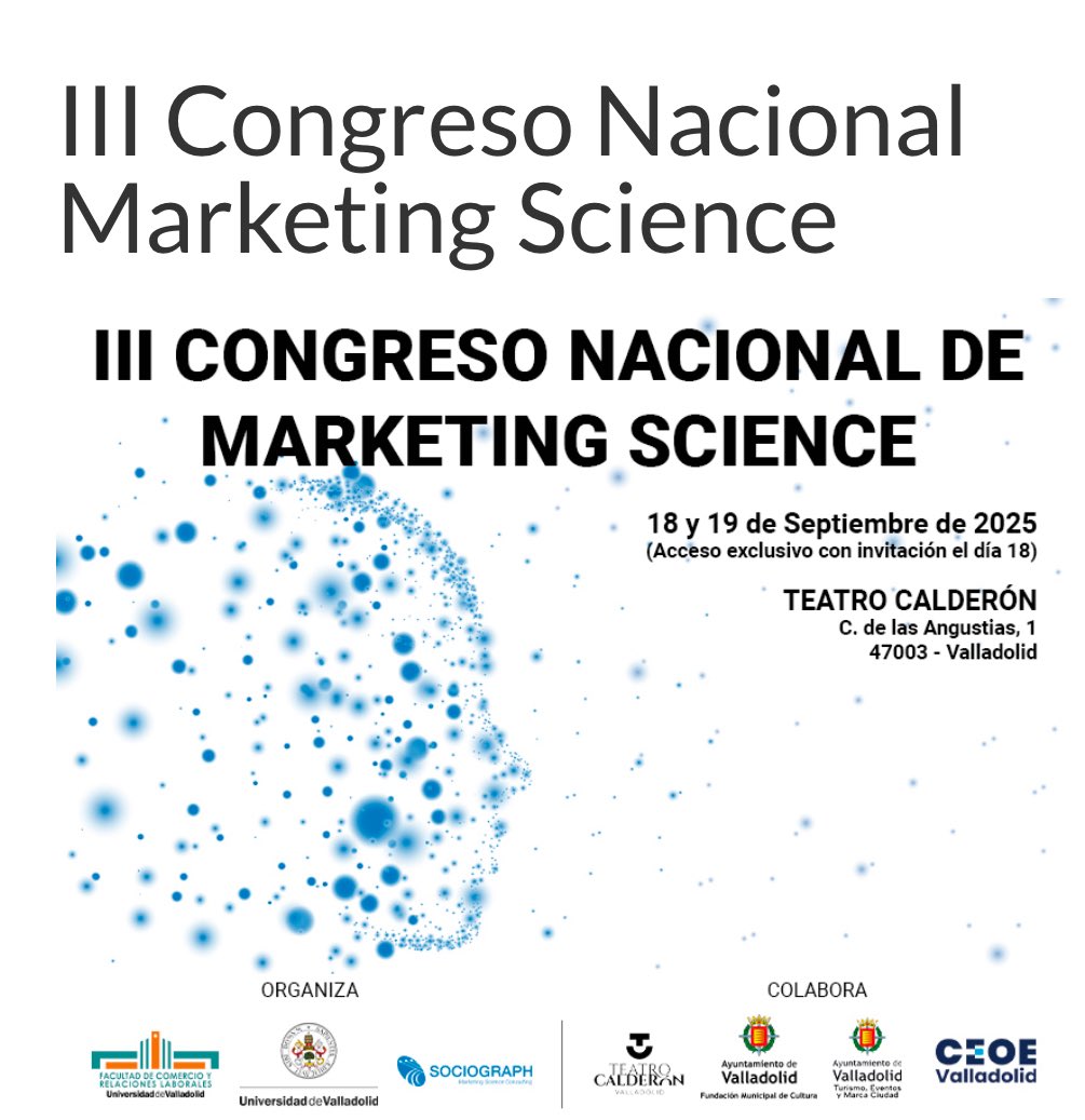 Sociograph Marketing Science (@sociograph) on Twitter photo III edición de este evento que acerca casos de éxito empresarial y las últimas investigaciones con #neurociencia aplicada
Organización: <a href="/UVa_es/">Gabinete de Comunicación Universidad de Valladolid</a> y #Sociograph
Colabora: <a href="/AyuntamientoVLL/">Ayto. de Valladolid</a> <a href="/CEOEValladolid/">CEOE Valladolid</a> <a href="/TeatroCalderon/">Teatro José Calderón</a>
sociographlab.com/iii-congreso-n… III edición de este evento que acerca casos de éxito empresarial y las últimas investigaciones con #neurociencia aplicada
Organización: <a href="/UVa_es/">Gabinete de Comunicación Universidad de Valladolid</a> y #Sociograph
Colabora: <a href="/AyuntamientoVLL/">Ayto. de Valladolid</a> <a href="/CEOEValladolid/">CEOE Valladolid</a> <a href="/TeatroCalderon/">Teatro José Calderón</a>
sociographlab.com/iii-congreso-n…