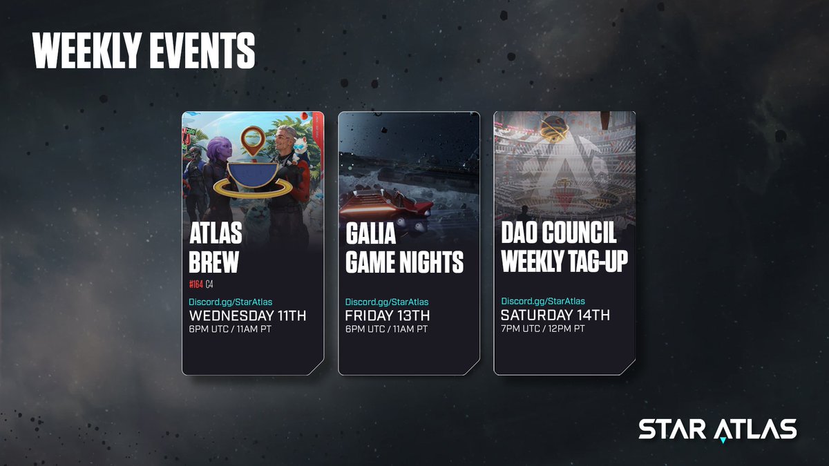 Star Atlas Community (@wearestaratlas) on Twitter photo Don’t miss today’s Atlas Brew at 6 PM UTC! 🚀
We'll share all about C4, the upcoming SAGE (browsergame) update.
Join on Discord discord.gg/staratlas or watch on YouTube youtube.com/<a href="/staratlas/">Star Atlas</a>tv 📺
Check out this week's @StarAtlas events below 👇 Don’t miss today’s Atlas Brew at 6 PM UTC! 🚀
We'll share all about C4, the upcoming SAGE (browsergame) update.
Join on Discord discord.gg/staratlas or watch on YouTube youtube.com/<a href="/staratlas/">Star Atlas</a>tv 📺
Check out this week's @StarAtlas events below 👇