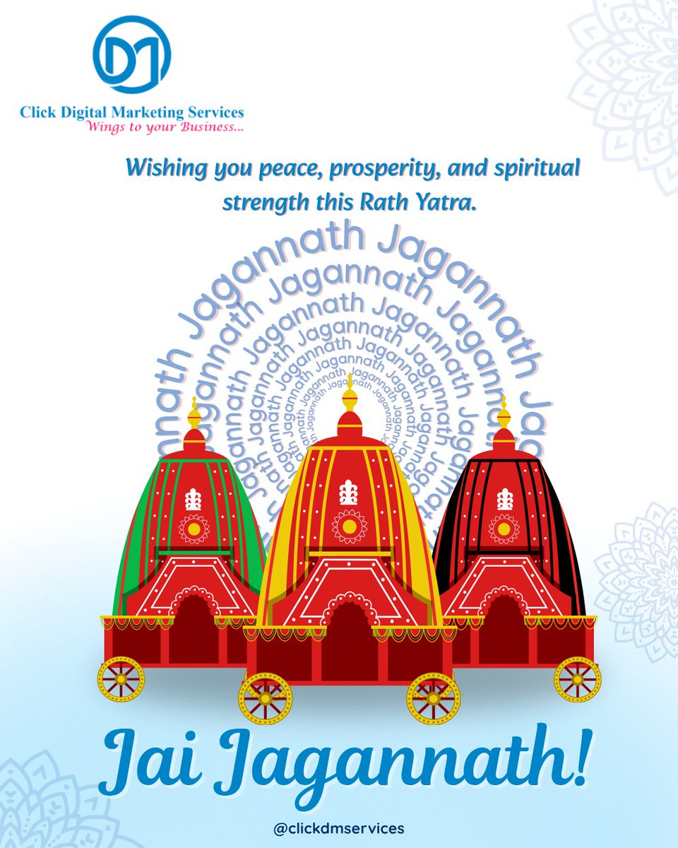 ClickDMService's tweet image. Jagannath Rath Yatra
Just as Lord Jagannath's Rath Yatra travels across lands, let your brand journey across digital platforms!
Click Digital Marketing wishes you blessings of Lord Jagannath this auspicious day.

#JagannathRathYatra #CDMS #clickdmservices #ClickDigitalMarketing