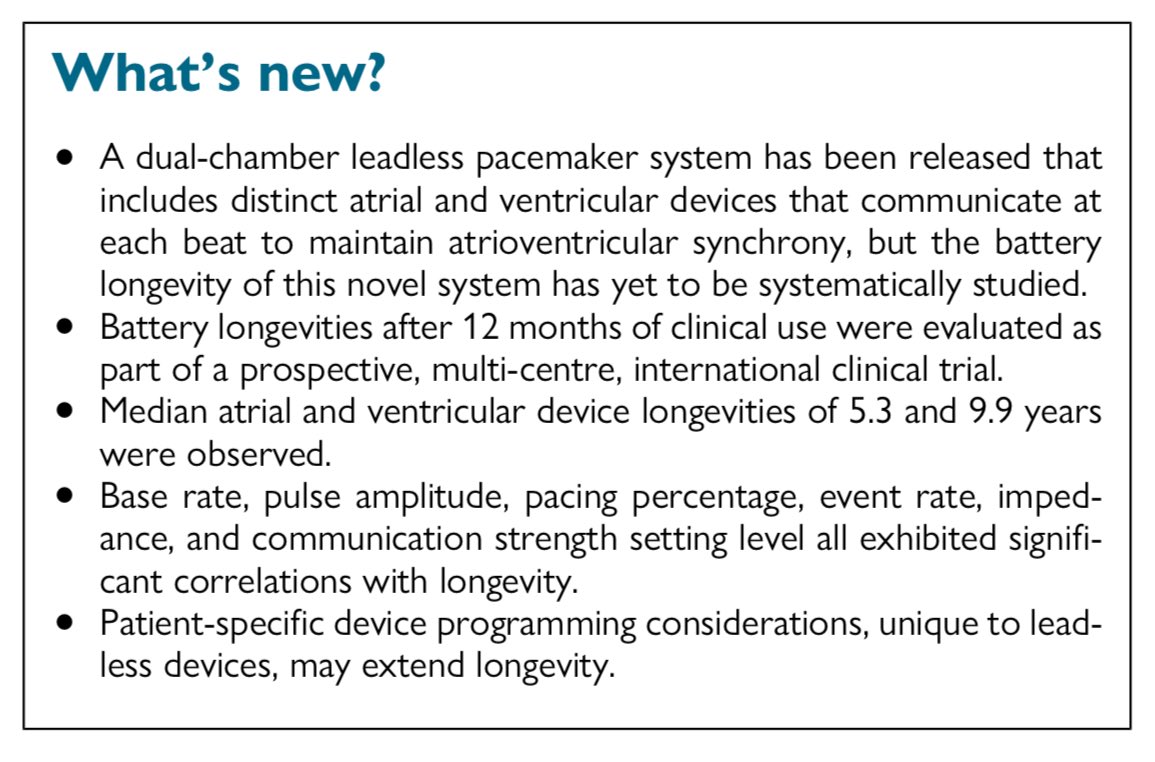 EuropaceEiC's tweet image. #Europace 
🔋Battery longevity of a helix-fixation dual-chamber leadless pacemaker: results from the AVEIR DR i2i Study

🔗academic.oup.com/europace/artic…

@GiulioConte9 @Dominik_Linz @FraSantoroMD @AndyZhangMD @DavideMei93 @marcovitoloMD @LuigiDiBiaseMD @EHRAPresident