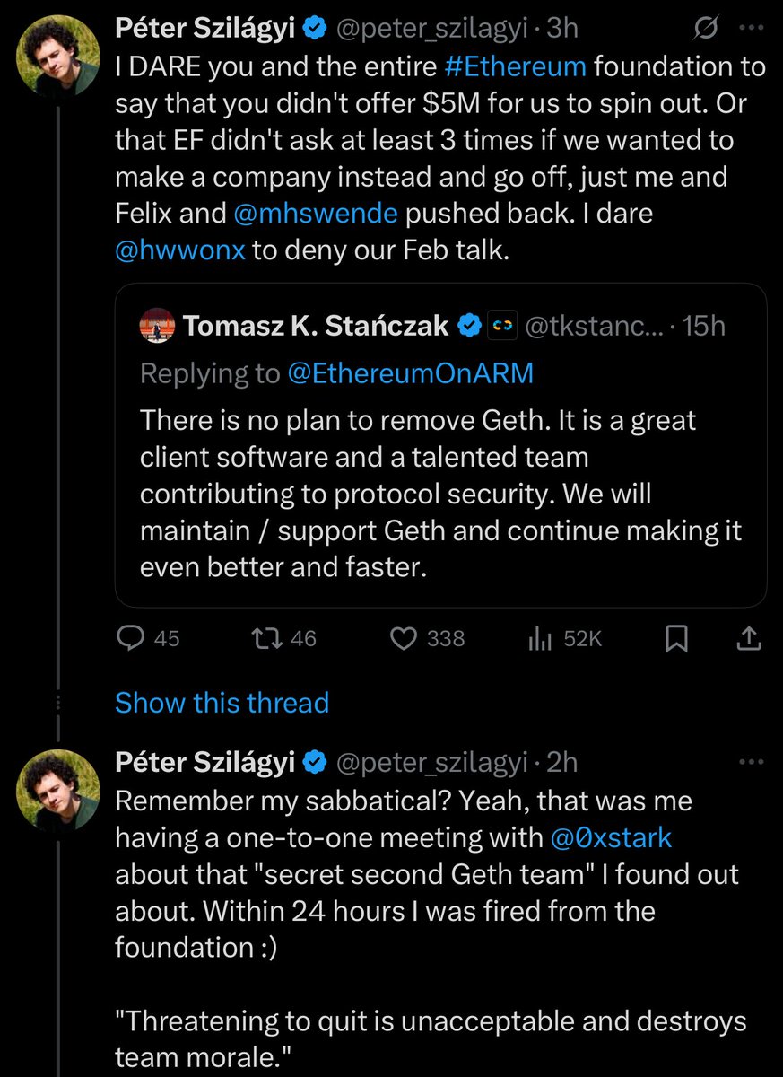 Ethereum finally starts pumping and EF devs start beefing like it’s a Real Housewives reunion. One dude wants an apology, the other delivering press releases like he’s running a DAO PR firm. ETH chart going up, meanwhile the team chat turning into UFC 301.