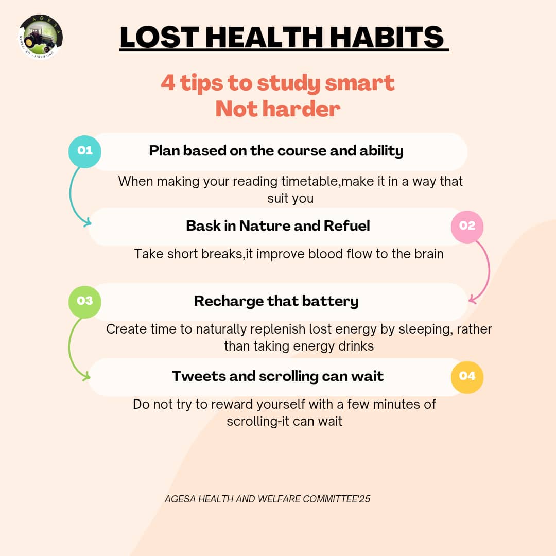 Famous0090's tweet photo. 📚 Study smarter, not harder!
Top 4 tips from AGESA🌱:
1️⃣ Study your strength &amp; course
2️⃣ Take nature breaks 🌿
3️⃣ Sleep > energy drinks 😴
4️⃣ Don’t fall for the “5 min scroll” 📱

Grow healthy habits 💪🏽🧠
– AGESA Health Committee ‘25

#LostHealthHabits #SmartStudy https://t.co/tN8xWEY9wj