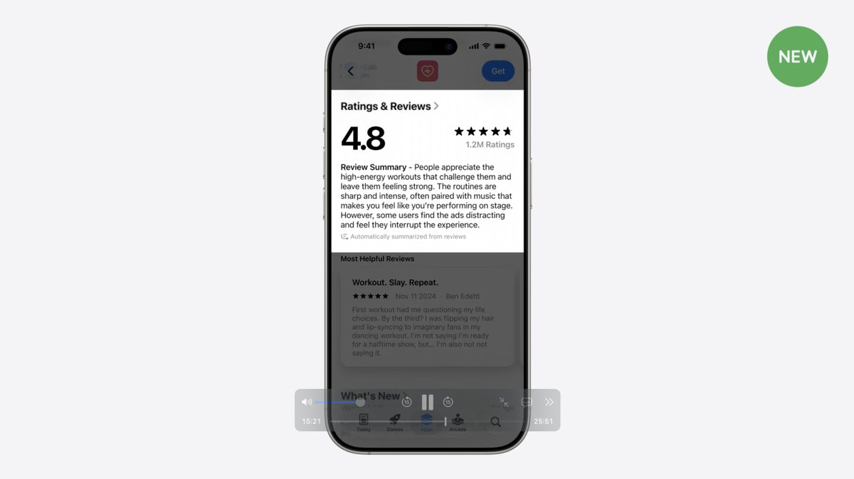App Store'a review summary geliyormuş. Kullanıcılar zamanla alışkanlık edindiğinde kullanıcı memnuniyeti daha da önem kazanacak diye düşünüyorum.
#WWDC25