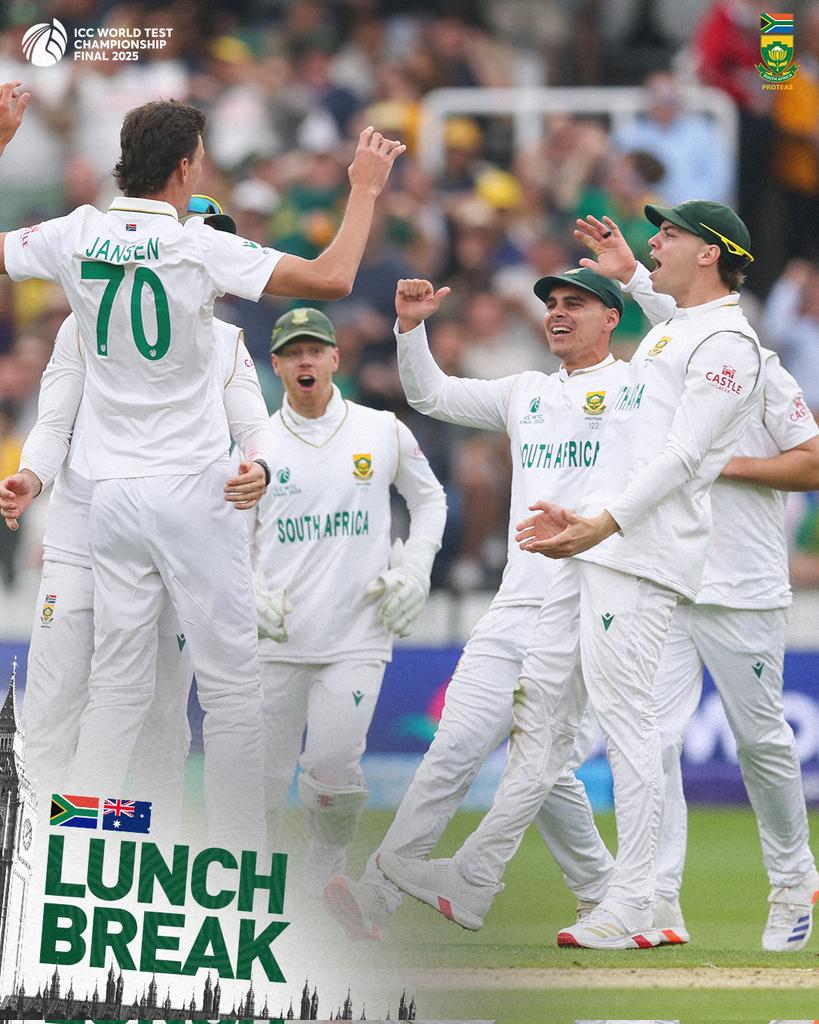 ProteasMenCSA's tweet image. Lunch on Day 1, and this contest has lived up to the billing thus far! 🔥🏏 

South Africa has dominated the opening session, applying continuous pressure 💪🇿🇦. 

Rabada and Jansen share the spoils, taking crucial wickets to remove Khawaja, Green, and Labuschagne and Head 👏.…