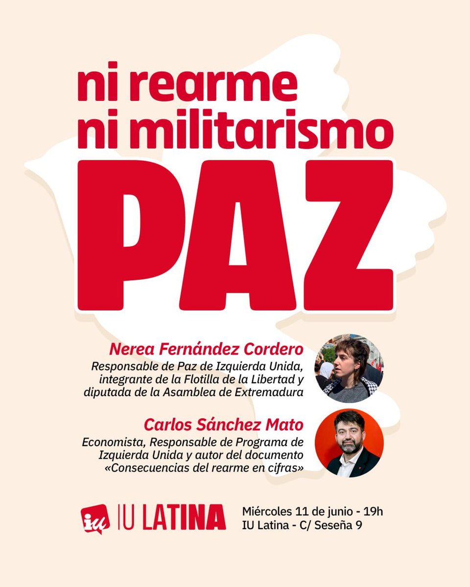 Carlos Sánchez Mato🔻✳️ (@carlossmato) on Twitter photo ¿Para qué carajo quieren Trump y la OTAN que dediquemos 60.000 millones de euros más al año a gasto militar?
Hoy viene a <a href="/iunidalatina/">IU de Latina🔻</a> nuestra compa <a href="/nereafercor/">Nerea Fdez. Cordero🇵🇸</a>
Le contaremos que en nuestro barrio no hemos echado en falta tanques, pero sí que faltan centros de salud y de mayores ¿Para qué carajo quieren Trump y la OTAN que dediquemos 60.000 millones de euros más al año a gasto militar?
Hoy viene a <a href="/iunidalatina/">IU de Latina🔻</a> nuestra compa <a href="/nereafercor/">Nerea Fdez. Cordero🇵🇸</a>
Le contaremos que en nuestro barrio no hemos echado en falta tanques, pero sí que faltan centros de salud y de mayores
