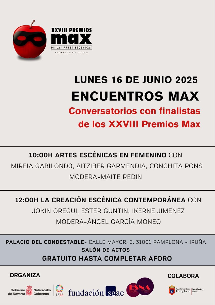 .@Cultura_na organiza el lunes 16 los Encuentros Max de teatro con seis finalistas a estos premios que se entregan esa tarde en el Teatro Gayarre

🎭

<a href="/PremiosMax/">Premios Max</a> 

📎Más info: culturanavarra.es/es/noticias/el…