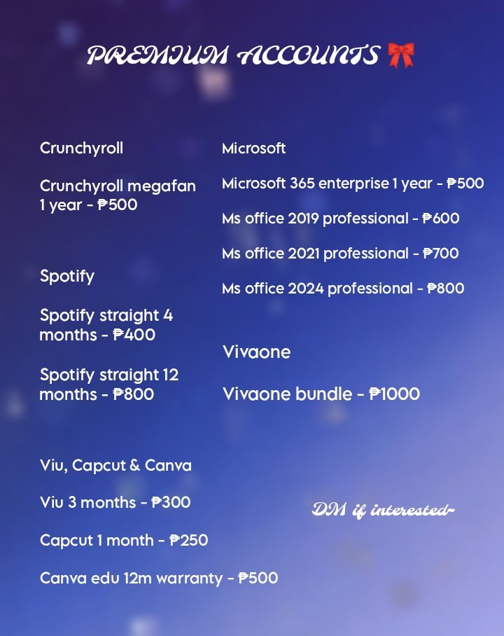 Premium Accounts 🎀

Crunchyroll Microsoft Spotify Vivaone Viu Capcut Canva | Dm if interested 

wts lfb ph premium accounts