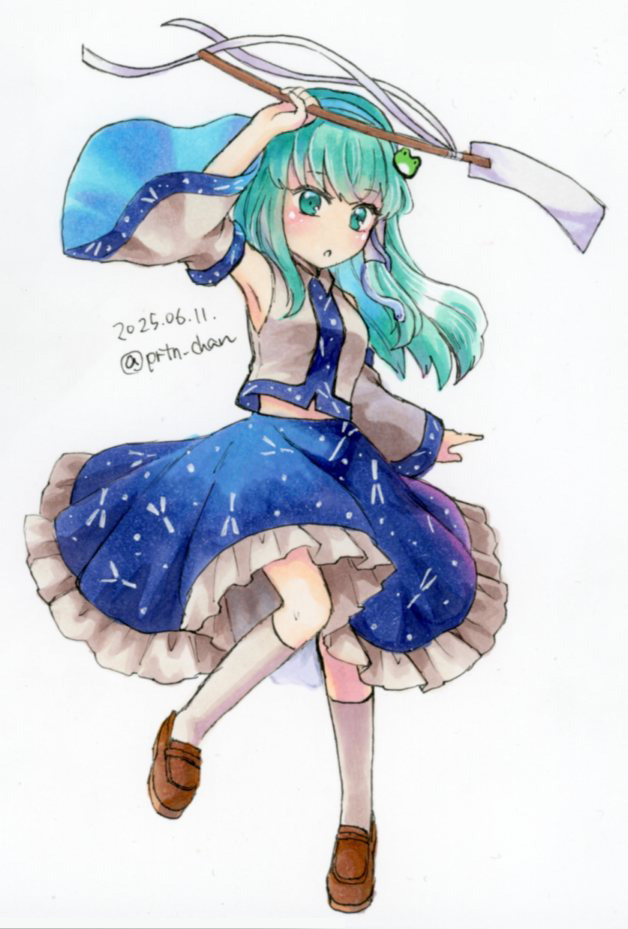 prtn_chan's tweet photo. #深夜の真剣お絵描き60分一本勝負 
ブルースカイのお題から
東風谷早苗ちゃんを描きました（＋20分） https://t.co/J0n4xgCf5X