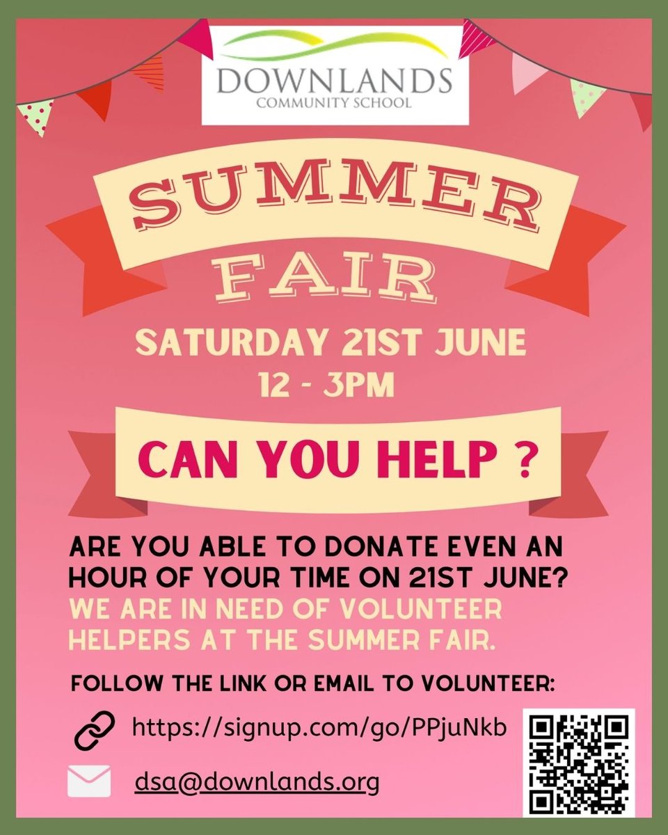 Downlandslearning (@downlandslearn) on Twitter photo We're calling on our wonderful community to help make our Summer Fair a huge success. Whether you can spare an hour or stay for longer, your support will make a real difference.
If you’re able to help, please follow the link or email dsa@downlands.org
signup.com/go/PPjuNkb We're calling on our wonderful community to help make our Summer Fair a huge success. Whether you can spare an hour or stay for longer, your support will make a real difference.
If you’re able to help, please follow the link or email dsa@downlands.org
signup.com/go/PPjuNkb