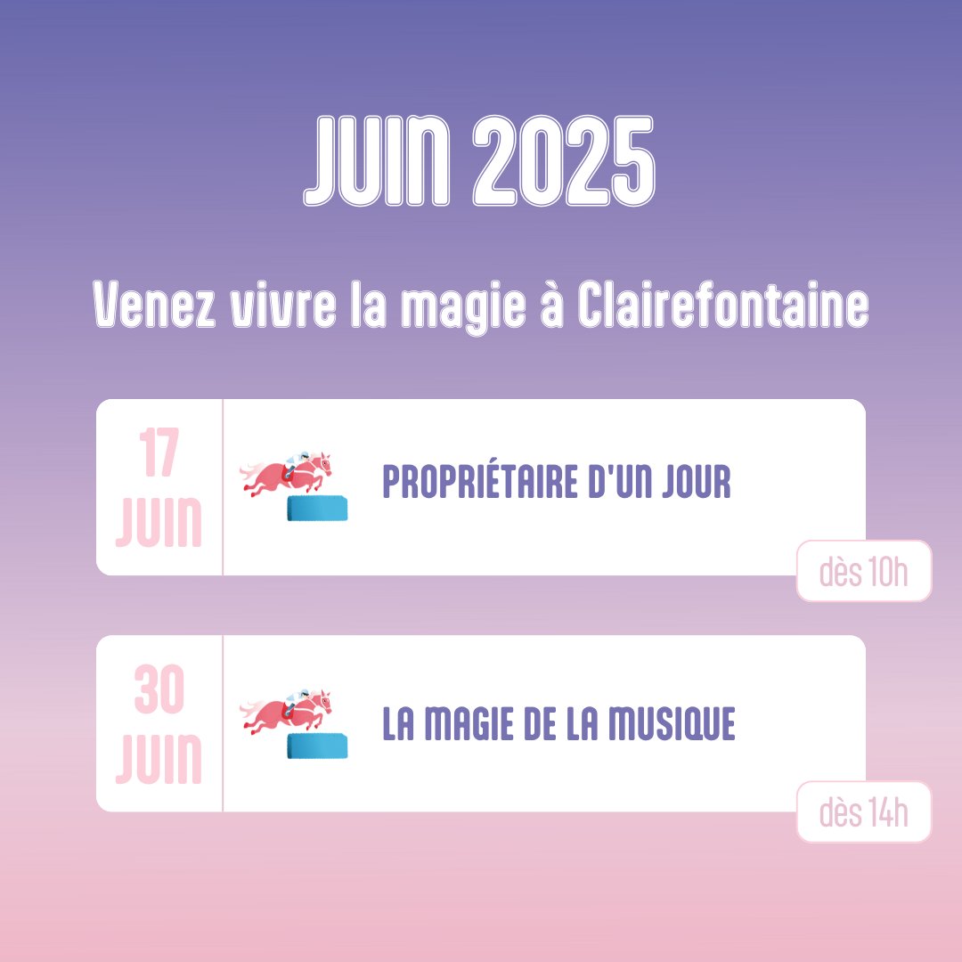 ☀️ Votre mois de juin 2025 est prêt !
Courses, animations et temps forts… tout est là 🐎
📍Notez les dates, partagez-les, et surtout… ne ratez rien !