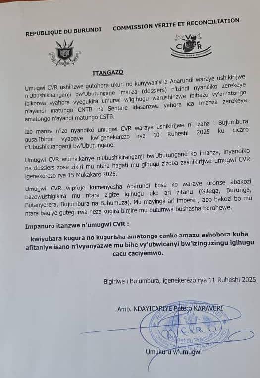 CVR BURUNDI (@cvr_burundi) on Twitter photo Umugwi <a href="/CVR_Burundi/">CVR BURUNDI</a> uravunira akagohe abagura n'abagurisha amatongo kugenda binengesera.
<a href="/NtareHouse/">Ntare Rushatsi House</a> <a href="/nshingamateka/">Inama Nshingamateka</a> <a href="/LeRenouveauBdi/">Le Renouveau</a> <a href="/UbumweHebdo/">UBUMWE</a> <a href="/RTNBurundi/">RTNB</a>
ITANGAZO 👇 Umugwi <a href="/CVR_Burundi/">CVR BURUNDI</a> uravunira akagohe abagura n'abagurisha amatongo kugenda binengesera.
<a href="/NtareHouse/">Ntare Rushatsi House</a> <a href="/nshingamateka/">Inama Nshingamateka</a> <a href="/LeRenouveauBdi/">Le Renouveau</a> <a href="/UbumweHebdo/">UBUMWE</a> <a href="/RTNBurundi/">RTNB</a>
ITANGAZO 👇