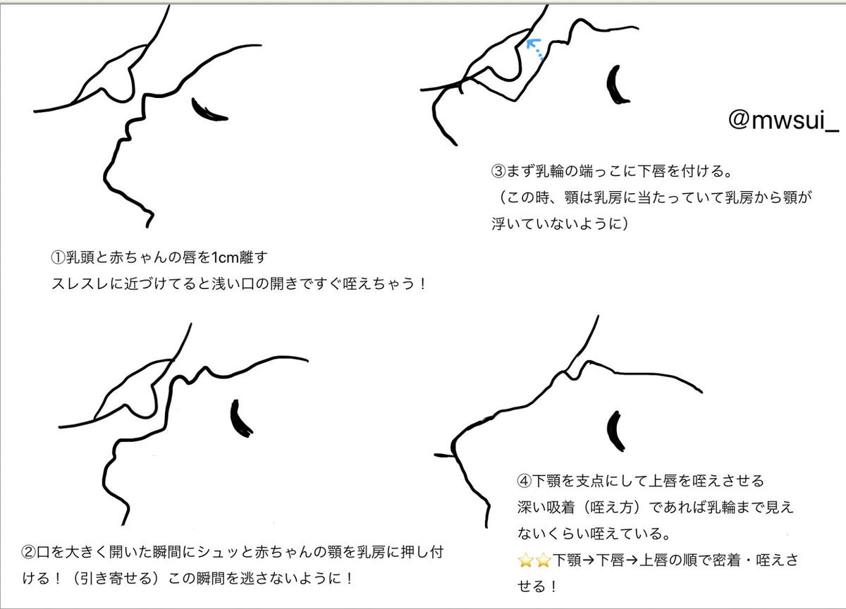 mwsui_'s tweet photo. 【痛くない授乳のコツ】
1番大事なのは深い吸着（咥えさせる）と姿勢。
このポストを参考にして「完母になった」「授乳時の乳頭痛もなくなったし 母乳も増えた」とご感想をいただくことも😭
周産期センターに勤務している私が実際に指導していることを詰め込んでます💪✨

 #suiの140文字助産師外来 https://t.co/BRG8LY8rDB