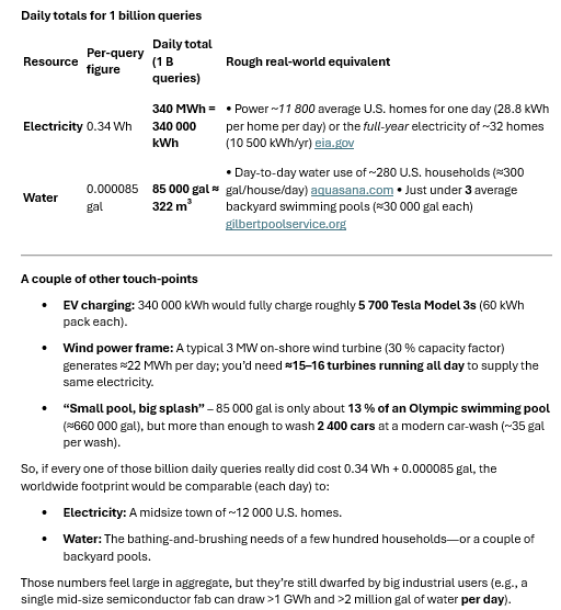 for 1 billion queries a day OpenAI needs:

85k gallons of Water/day
340 MWh/day

ChatGPT is HUNGRY!