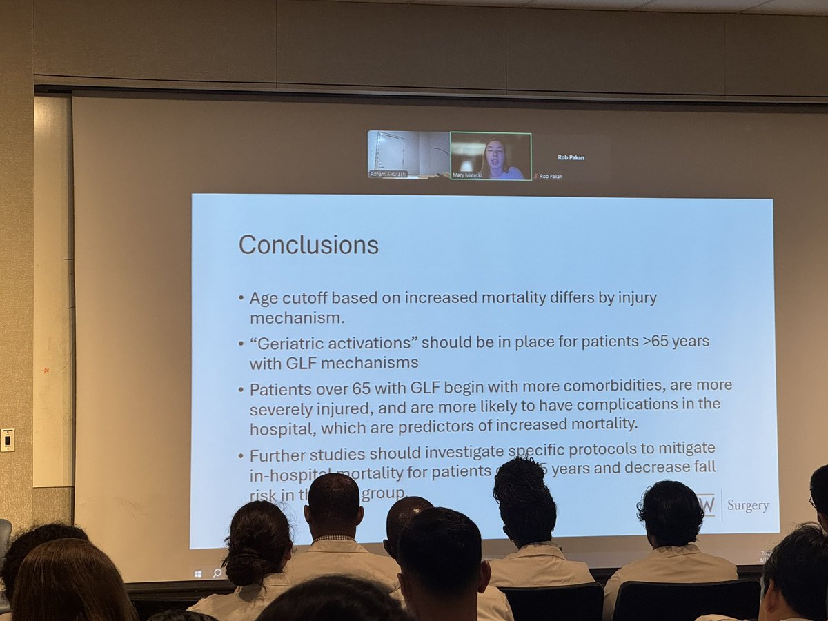 GWSurgery's tweet image. We are so excited to welcome our research residents back with the annual DePalma Research Presentations🥳! First up is Dr. Mary Matecki @mateckimary presenting her work with our trauma department and @susan_kartiko on redefining the age of geriatric trauma 👵🏻🩹. #trauma #surged
