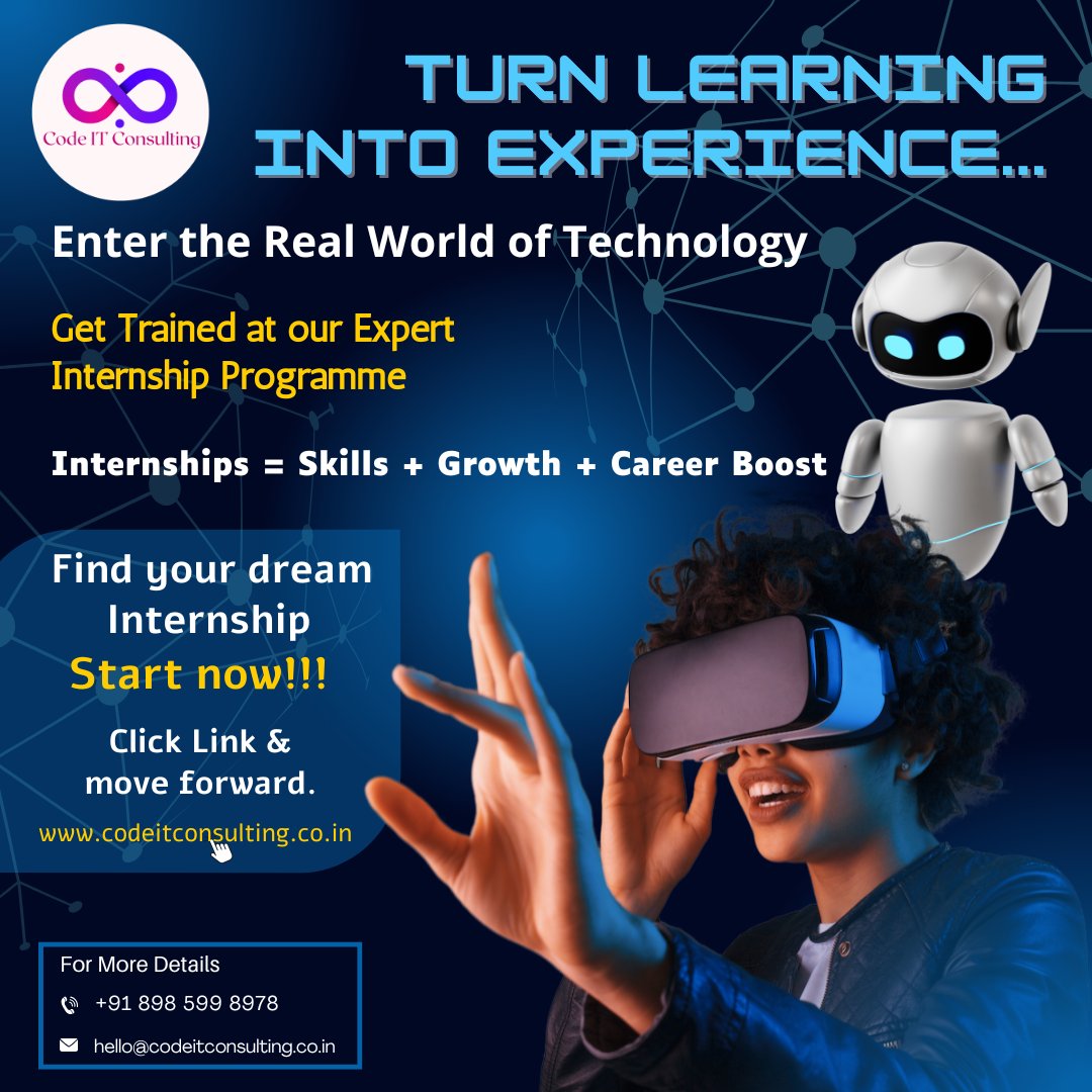 CodeIT_co's tweet image. Turn Learning into Experience with Code IT Consulting!​
💻 Real Projects​
🚀 Real Skills​
🎯 Real Growth
Find your dream internship.
Click the link and move forward.
#CodeITConsulting #InternshipProgram #TechCareers #SkillUp #FutureReady
Website:codeitconsulting.co.in
8985998978