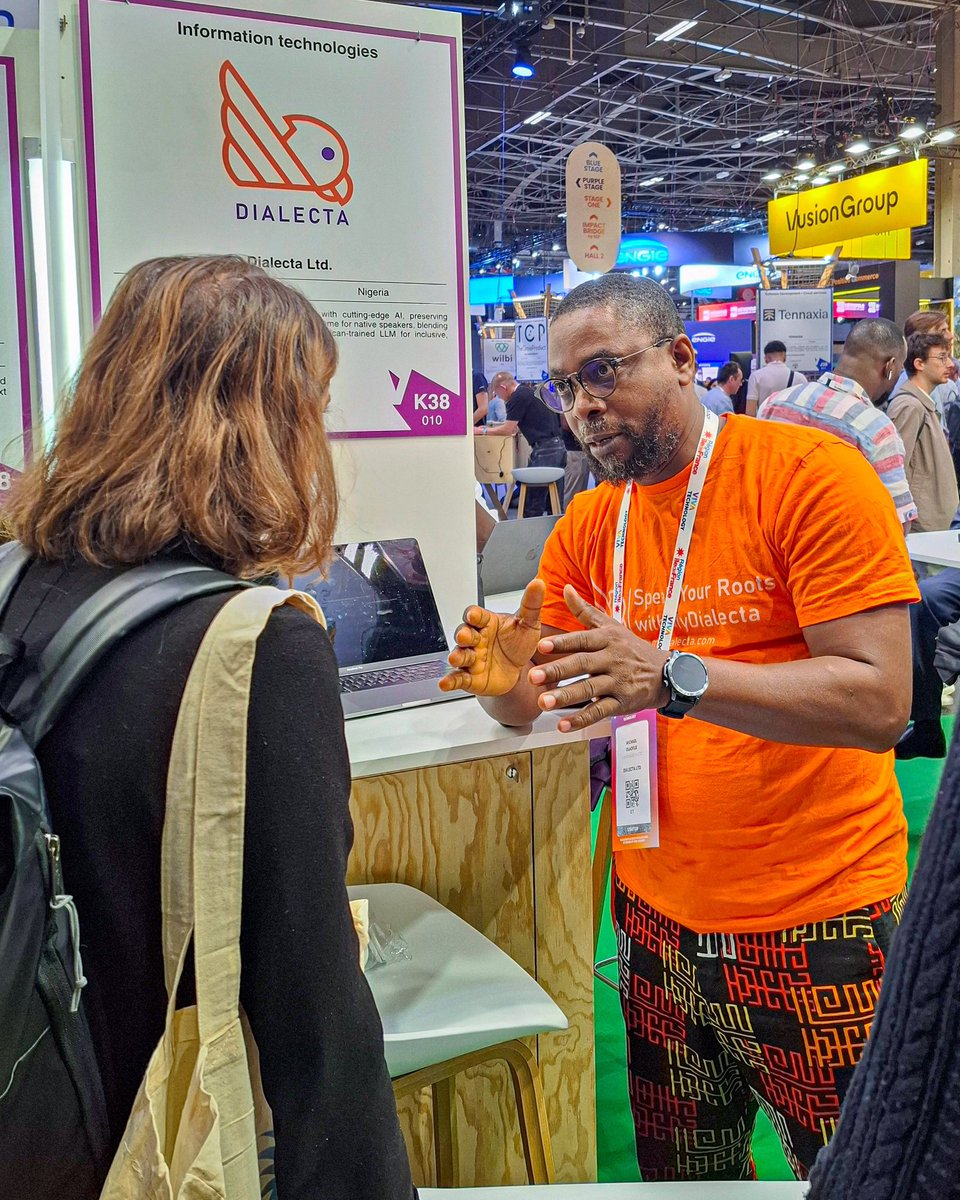 mydialecta's tweet image. We had the pleasure of meeting Nike Shoge, Head of Commercial Growth at Sterling Bank London, right at our VivaTech stand! 

She was genuinely excited about what we’re building at #MyDialecta and even rocked our lapel badge with pride.

We’ve met so many brilliant minds and…