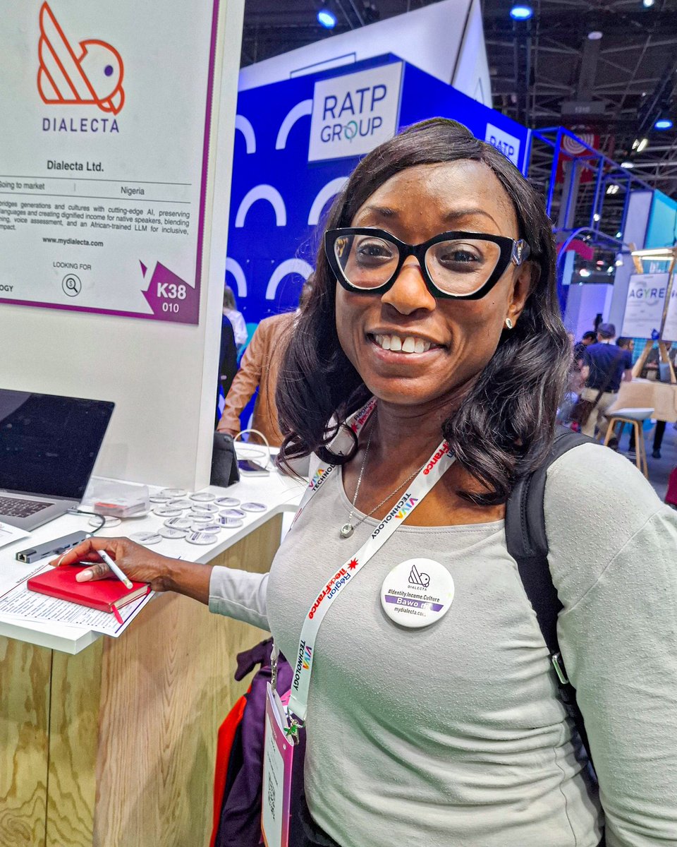mydialecta's tweet image. We had the pleasure of meeting Nike Shoge, Head of Commercial Growth at Sterling Bank London, right at our VivaTech stand! 

She was genuinely excited about what we’re building at #MyDialecta and even rocked our lapel badge with pride.

We’ve met so many brilliant minds and…