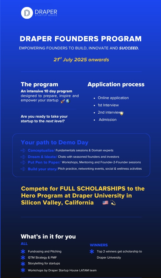 Draper Founders Program is coming to India!
Starts July 21 | Hyderabad
✅ 10-day residential accelerator
✅ Global mentors &amp; investor connects
🏆 Top founders win a scholarship to Draper University, Silicon Valley!
 MVP-ready tech founders — apply now: tally.so/r/wvzZyg