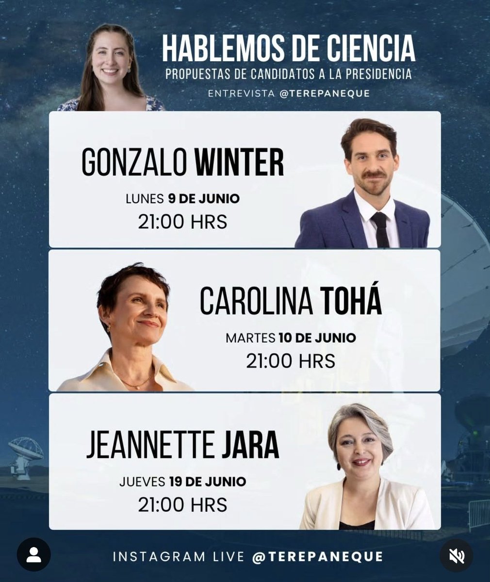 ✅️ Si quieren conocer las propuestas de Ciencia de los candidatos de primarias, vean el canal de <a href="/terepaneque/">Teresa Paneque Carreño💫</a> en Instagram
<a href="/gonzalowinter/">Gonzalo Winter 🇨🇱</a> 🟠
instagram.com/reel/DKtAKEnM2…
<a href="/Carolina_Toha/">Carolina Tohá</a> 🟠
instagram.com/reel/DKvh1l6RE…