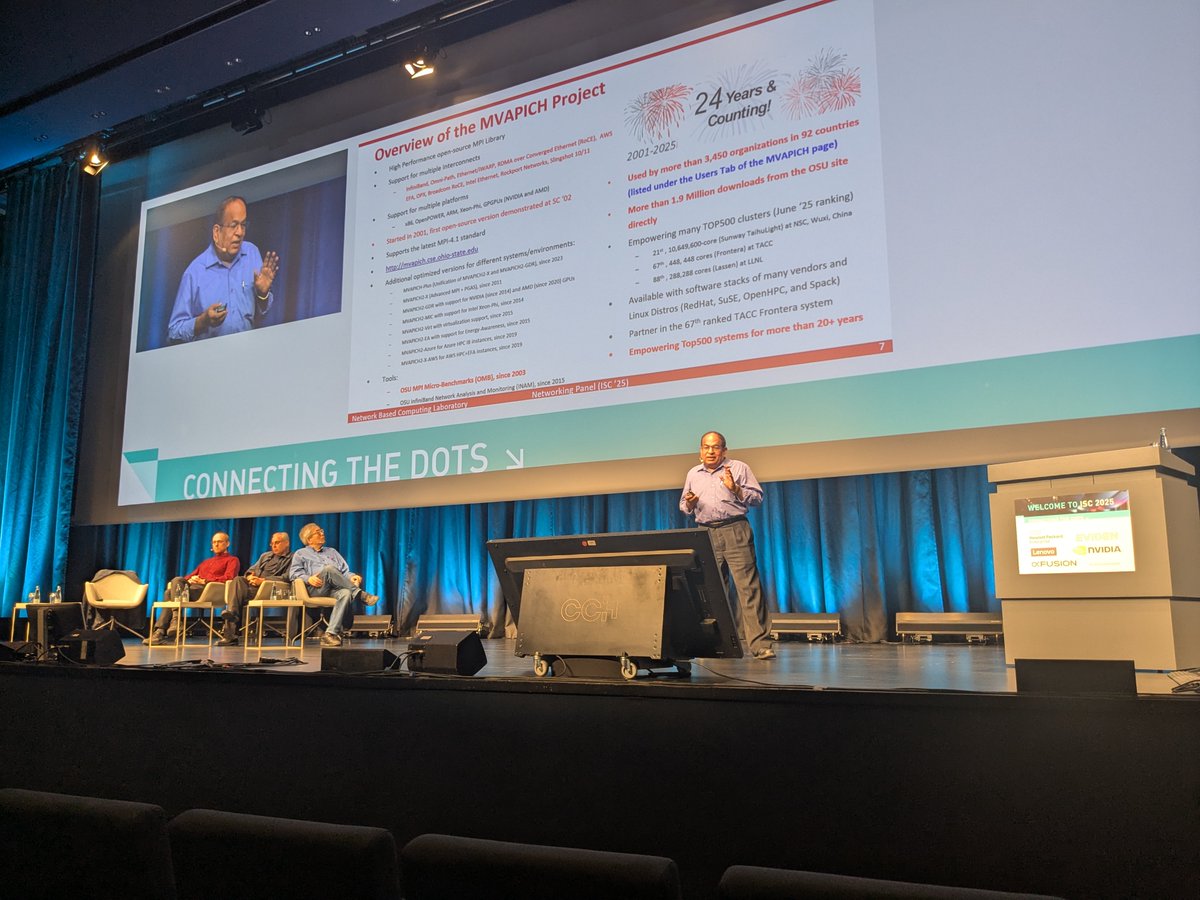 mvapich's tweet image. Prof. DK Panda of @mvapich presenting as part of the &quot;Commodity Interconnects in Next Generation&quot; Panel at #ISC25 alongside Prof. @thoefler , Prof. Taisuke Boku, and @NVIDIANetworkng&apos;s Gilad Shainer! 

#mvapich #hpc #mlai #interconnects #supercomputing #mpi #top500 #isc2025