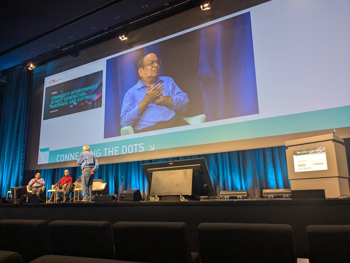 mvapich's tweet image. Prof. DK Panda of @mvapich presenting as part of the &quot;Commodity Interconnects in Next Generation&quot; Panel at #ISC25 alongside Prof. @thoefler , Prof. Taisuke Boku, and @NVIDIANetworkng&apos;s Gilad Shainer! 

#mvapich #hpc #mlai #interconnects #supercomputing #mpi #top500 #isc2025